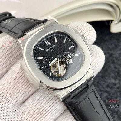 Patek Philippe Tourbillon Black Copy Watch Black Leather Strap